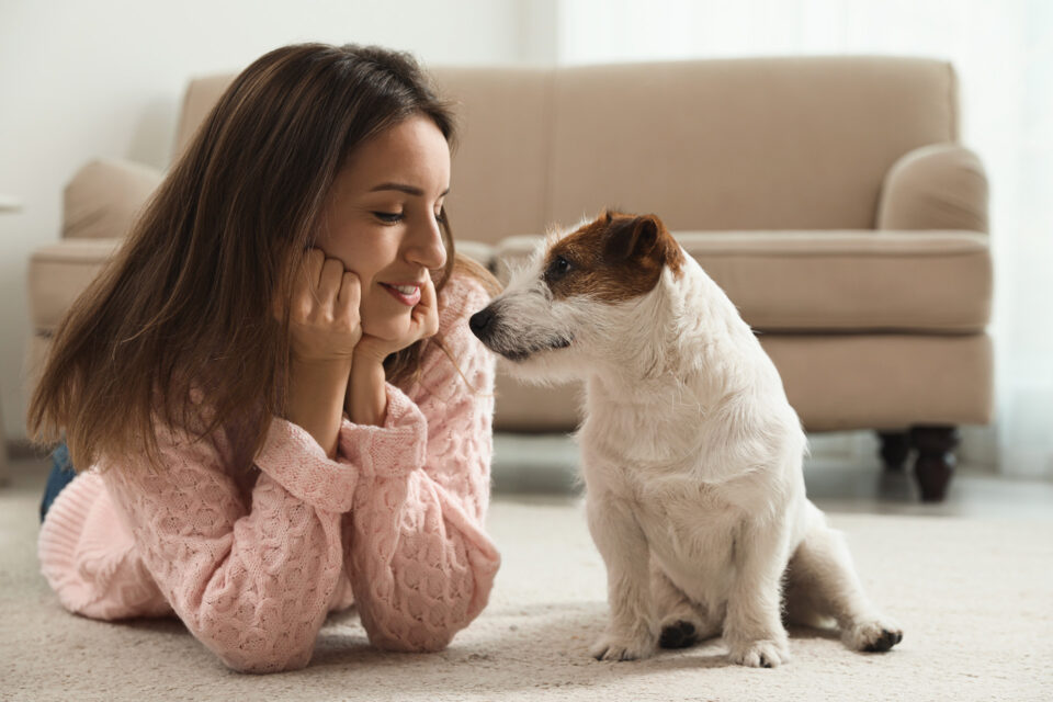 Frau, die ihrem Hund Liebe schenkt