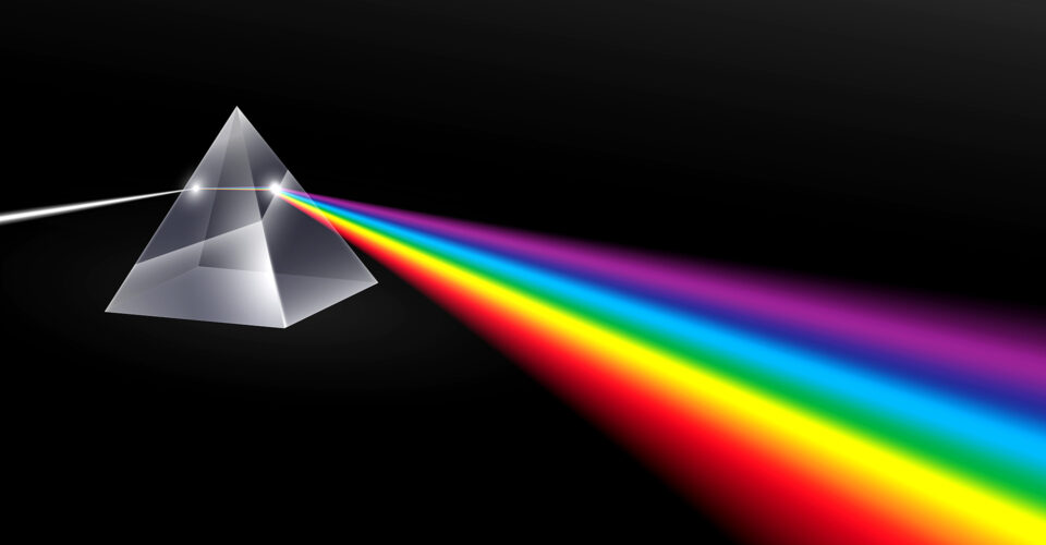 weißes Licht wird durch ein Prisma geleitet